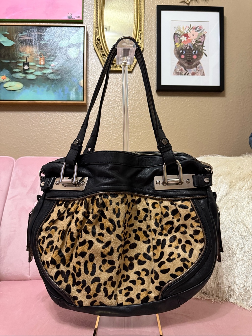 B. Makowsky Black Leather Shoulder Bag w Leopard Calf-hair and Silver Hardware
